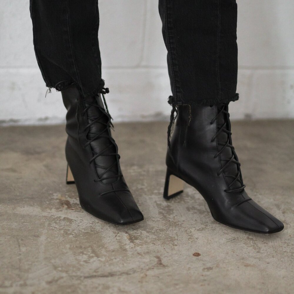 Lace-Up Square Toe Ankle Boots - Black - Picture 3 of 4